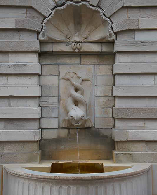 An outdoor concrete fountain with fitted pump 