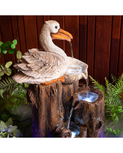 Pelican on Logs & Bowl LED Light Water Feature 57cm