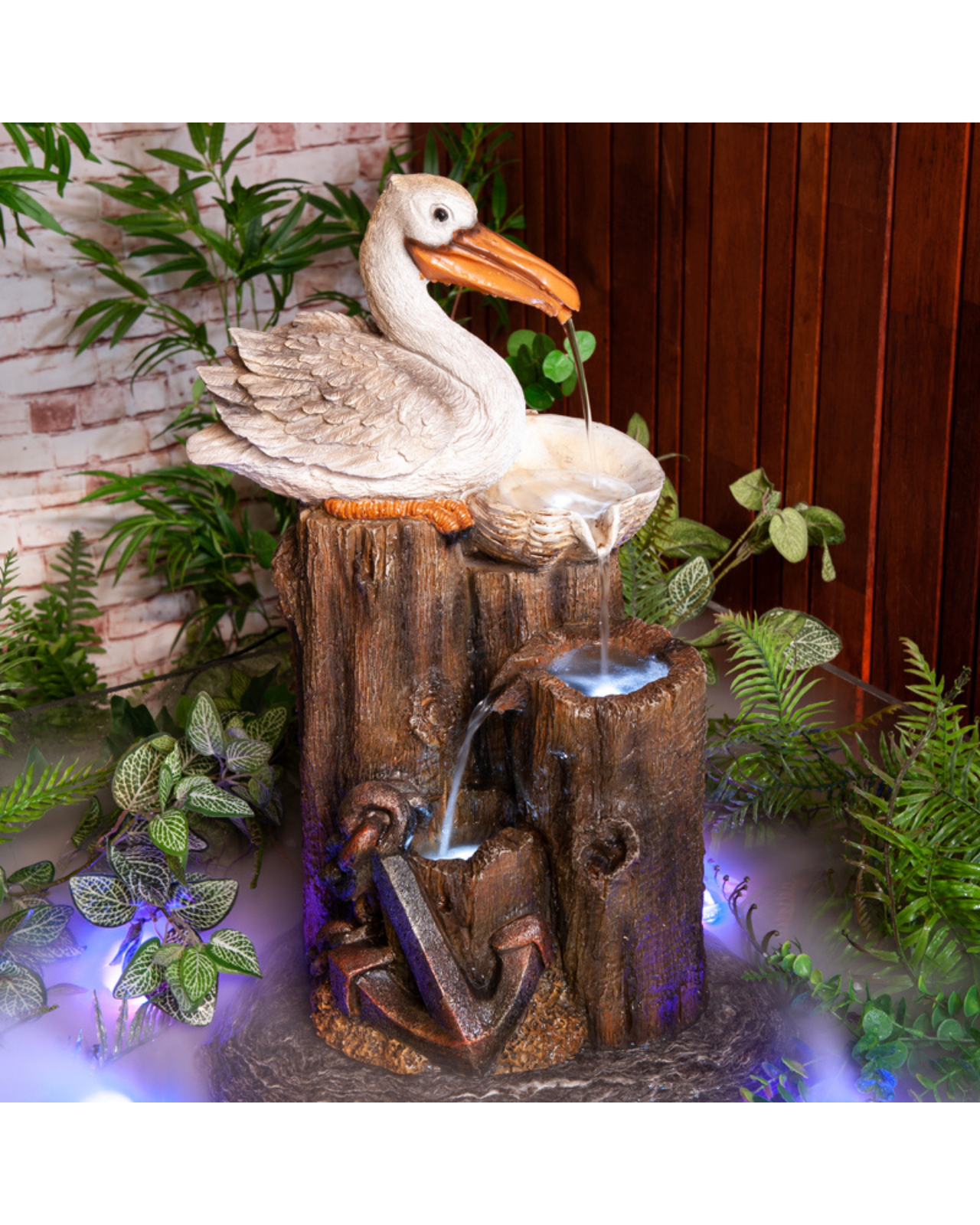 Pelican on Logs & Bowl LED Light Water Feature 57cm