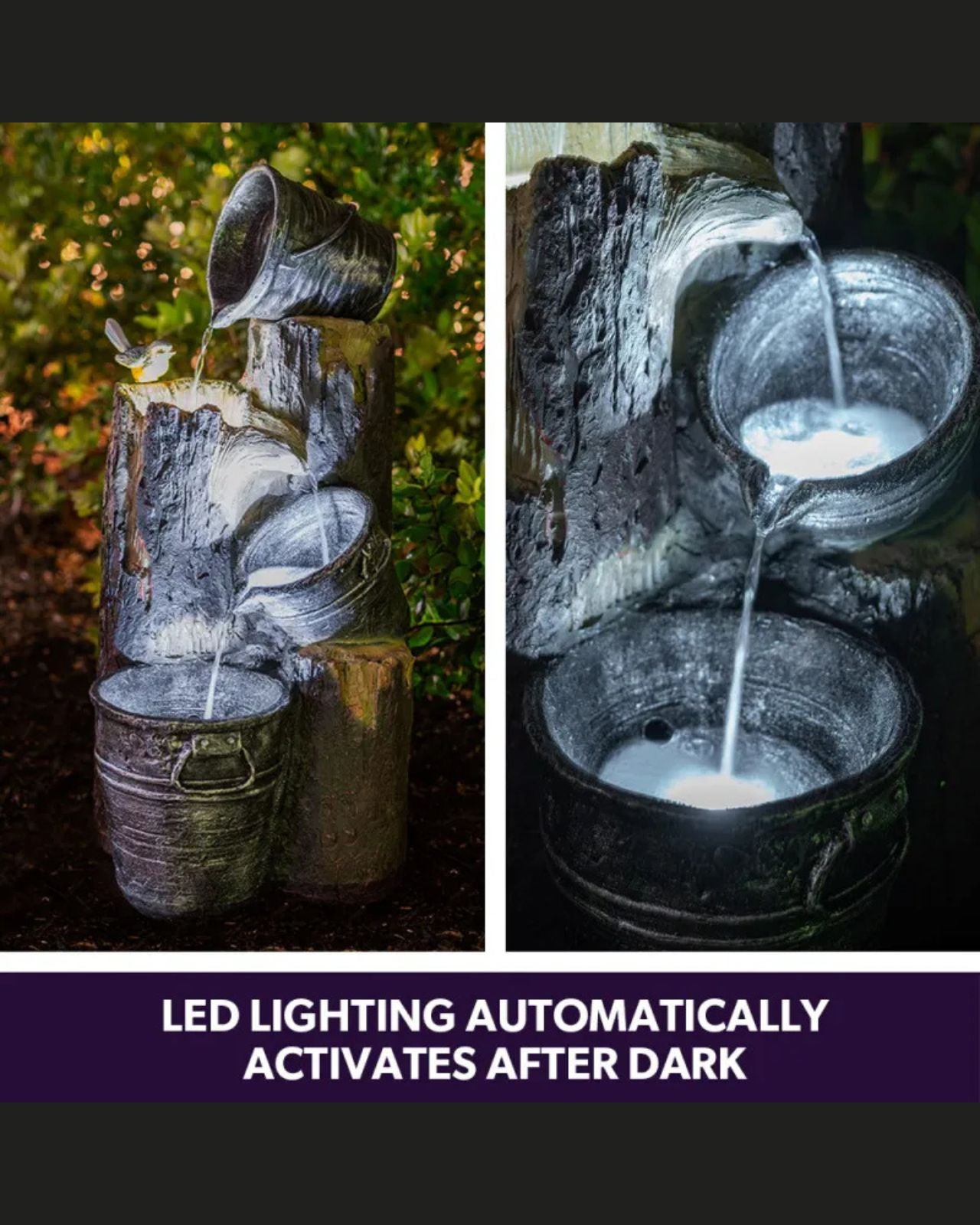 Naida - Solar Rustic Birds Buckets LED Light Water Feature