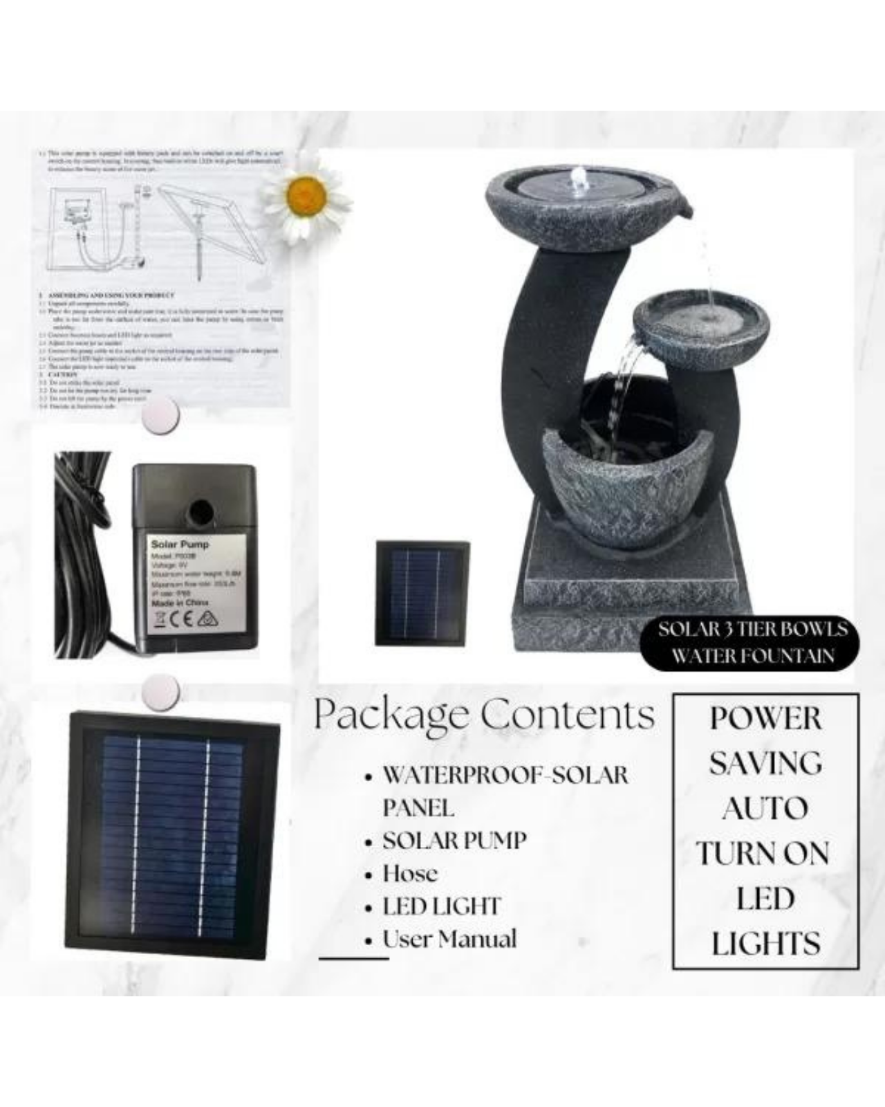 Solar 3 Bowls Cascading Waterfalls Lighting Water Feature