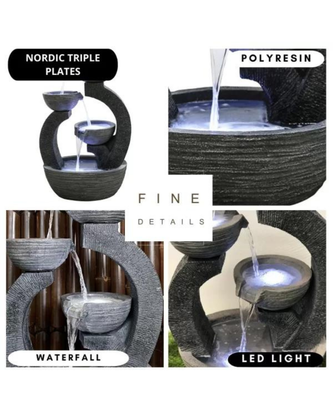 Glida- Cascading Lighting 3 Bowls Waterfall Water Feature