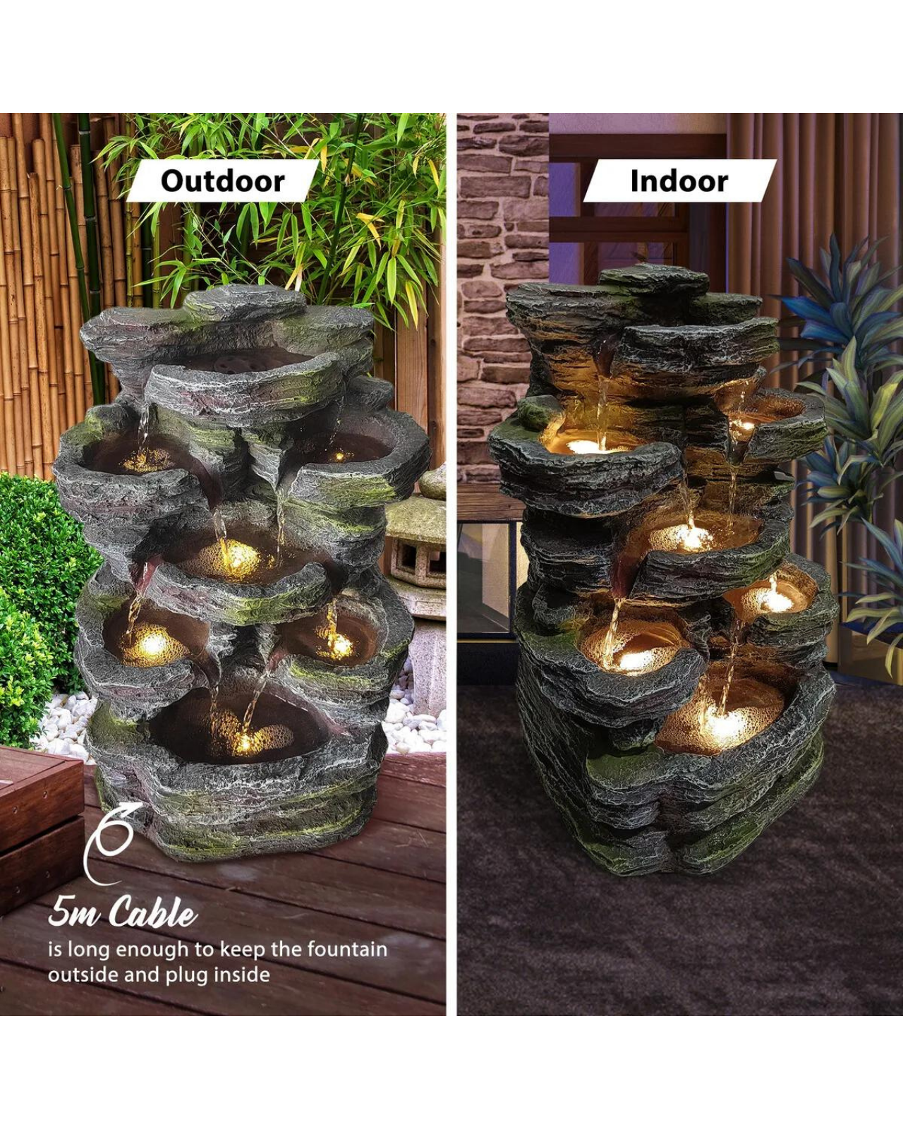 Flora - 5 Tier Rocky Waterfall Lighting Water Feature