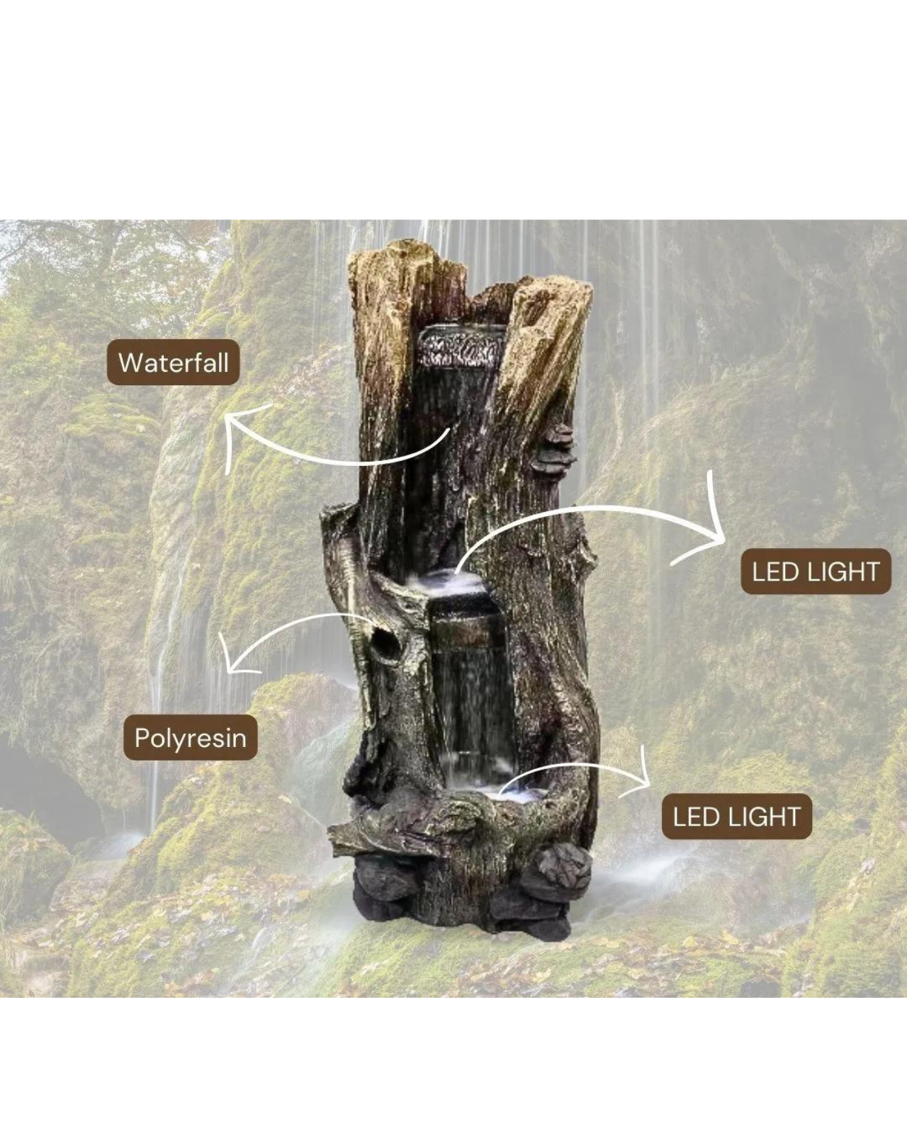 Tree Trunk Log Lighting Cascading Waterfall Water Feature