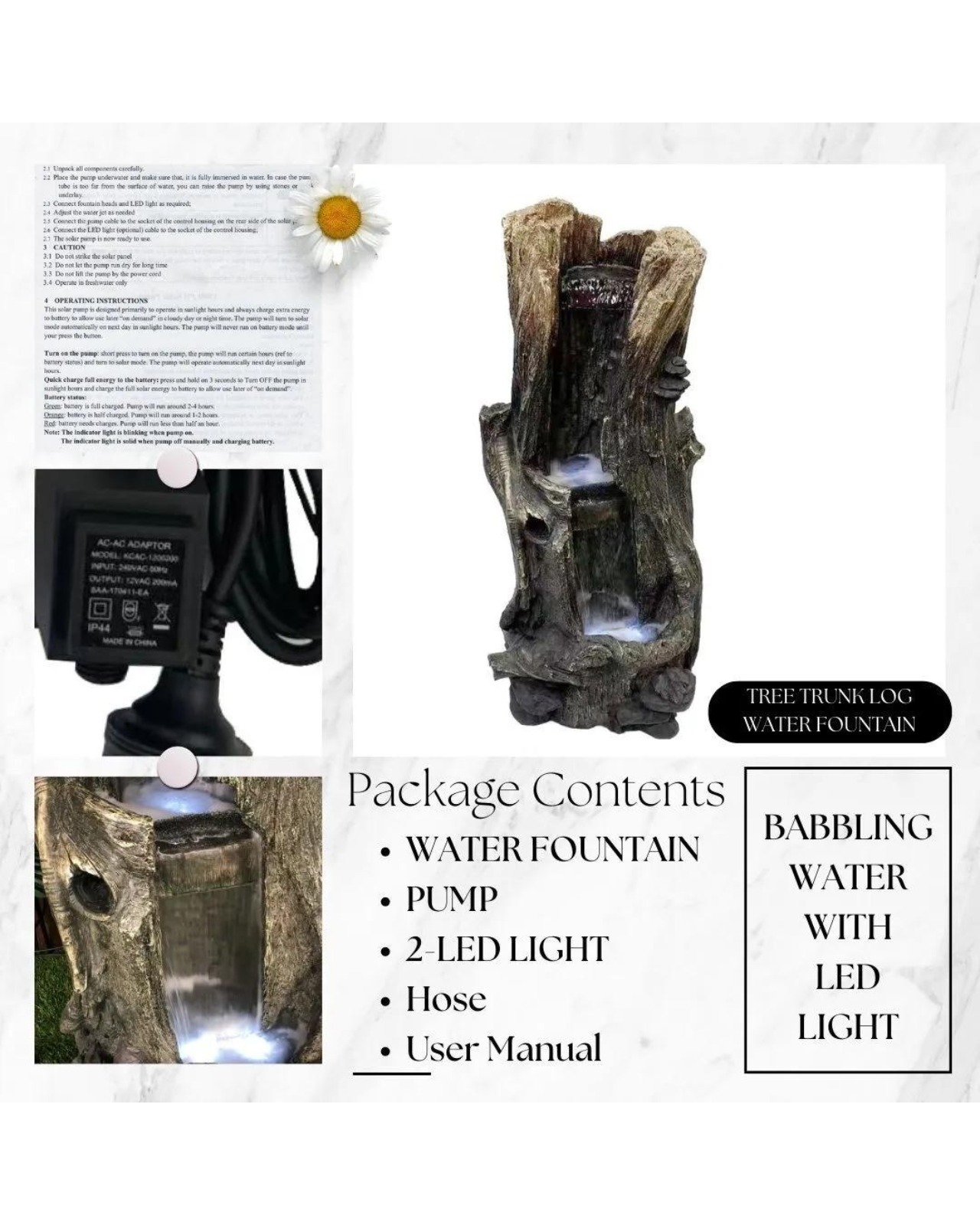 Tree Trunk Log Lighting Cascading Waterfall Water Feature