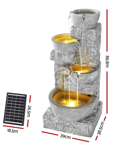 Dewfall - Solar 4 Tier Bowls Rustic LED Light Water Feature