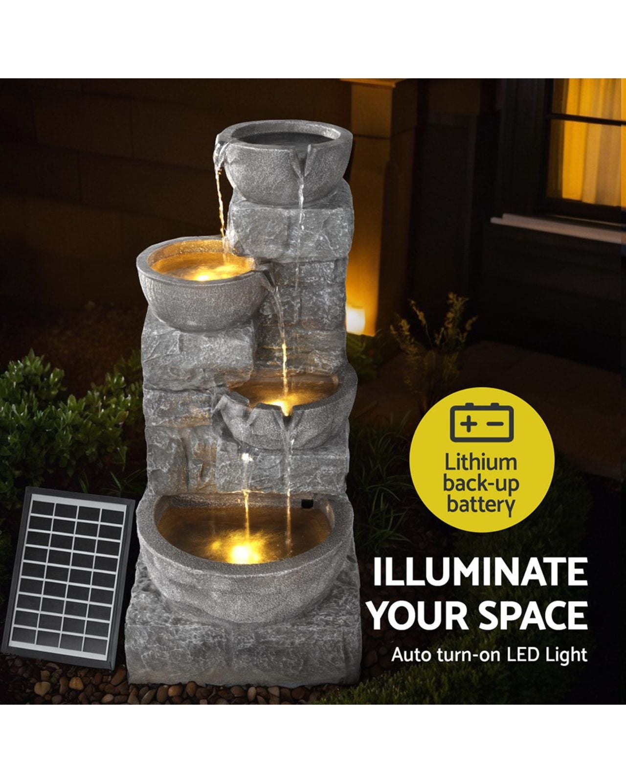 Dewfall - Solar 4 Tier Bowls Rustic LED Light Water Feature