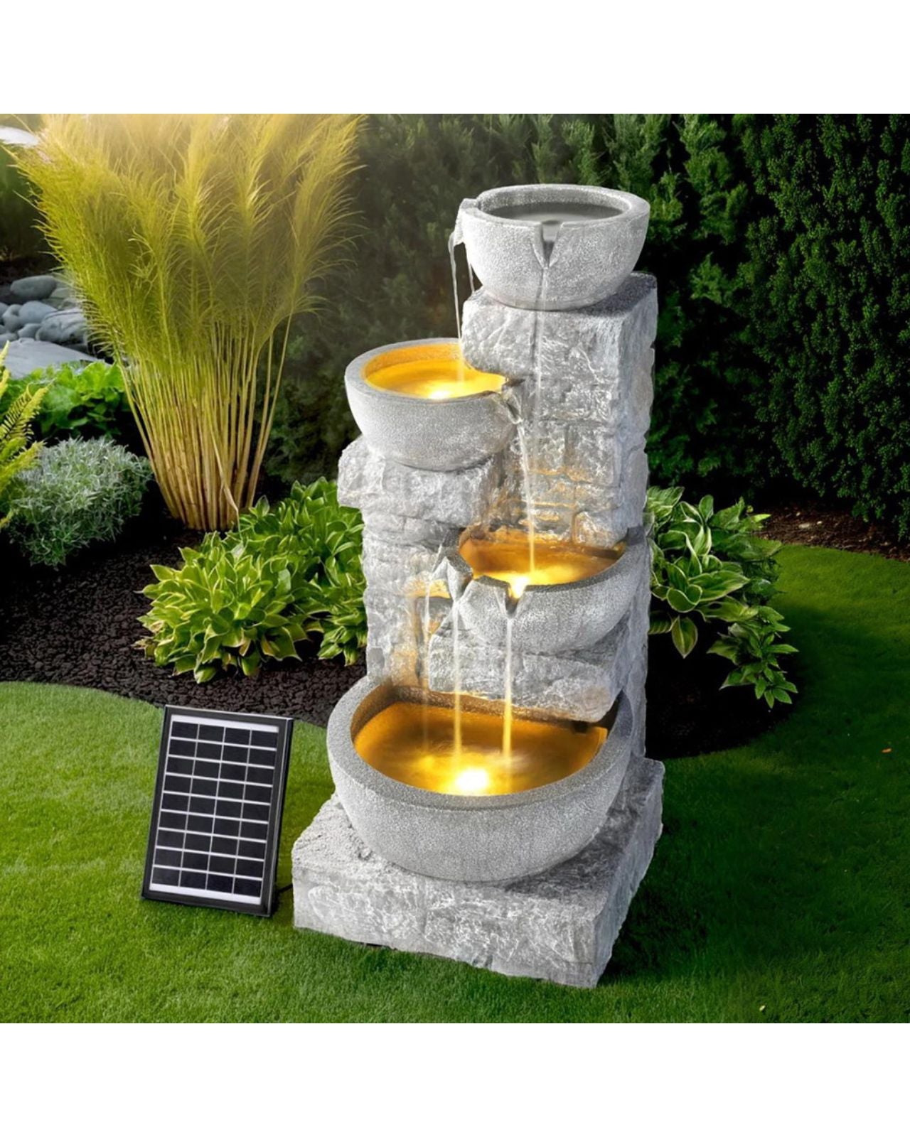 Dewfall - Solar 4 Tier Bowls Rustic LED Light Water Feature