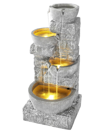 Dewfall - Solar 4 Tier Bowls Rustic LED Light Water Feature