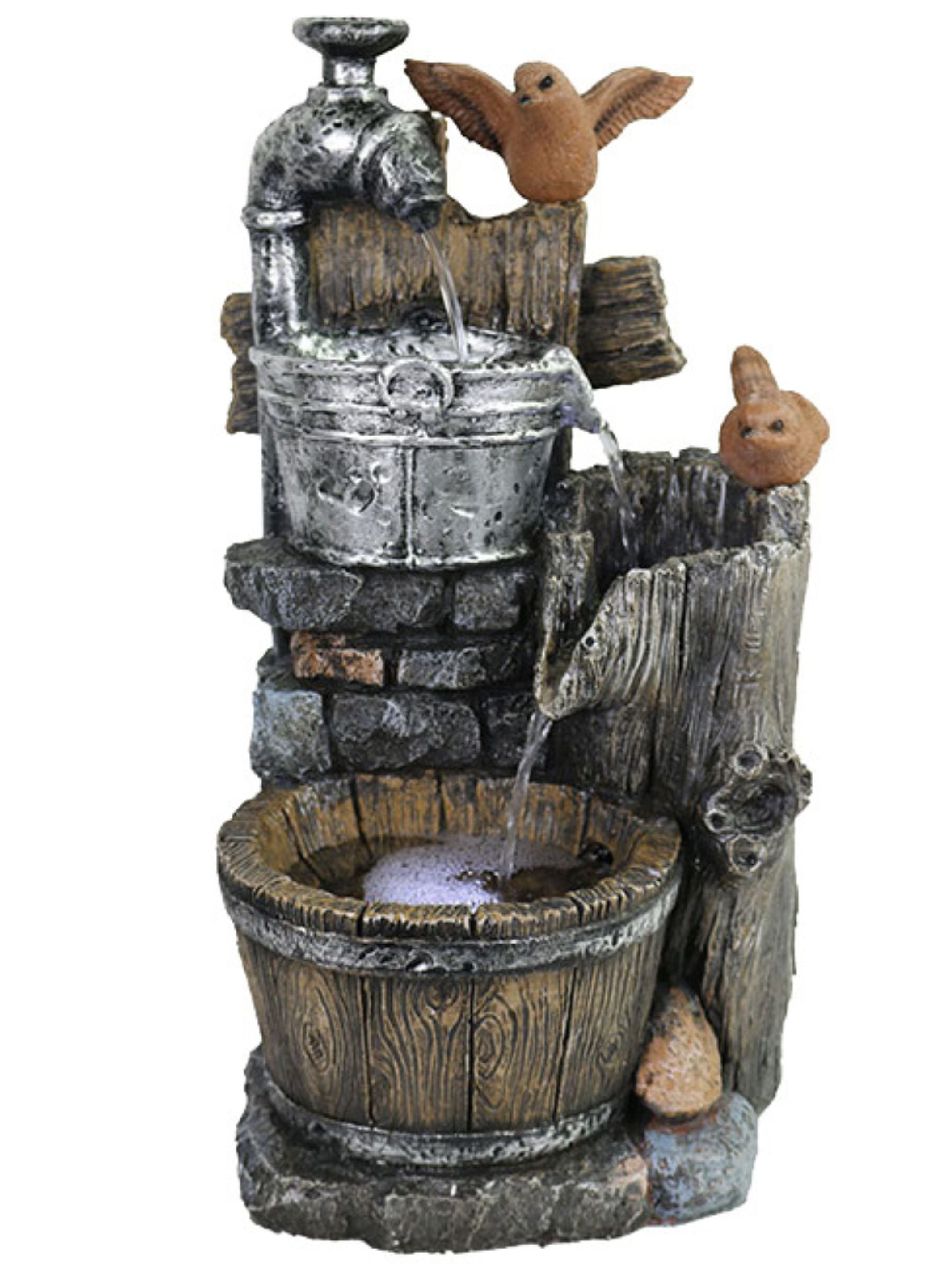 Birds with Wooden Logs Buckets Tap Water Feature 50cm