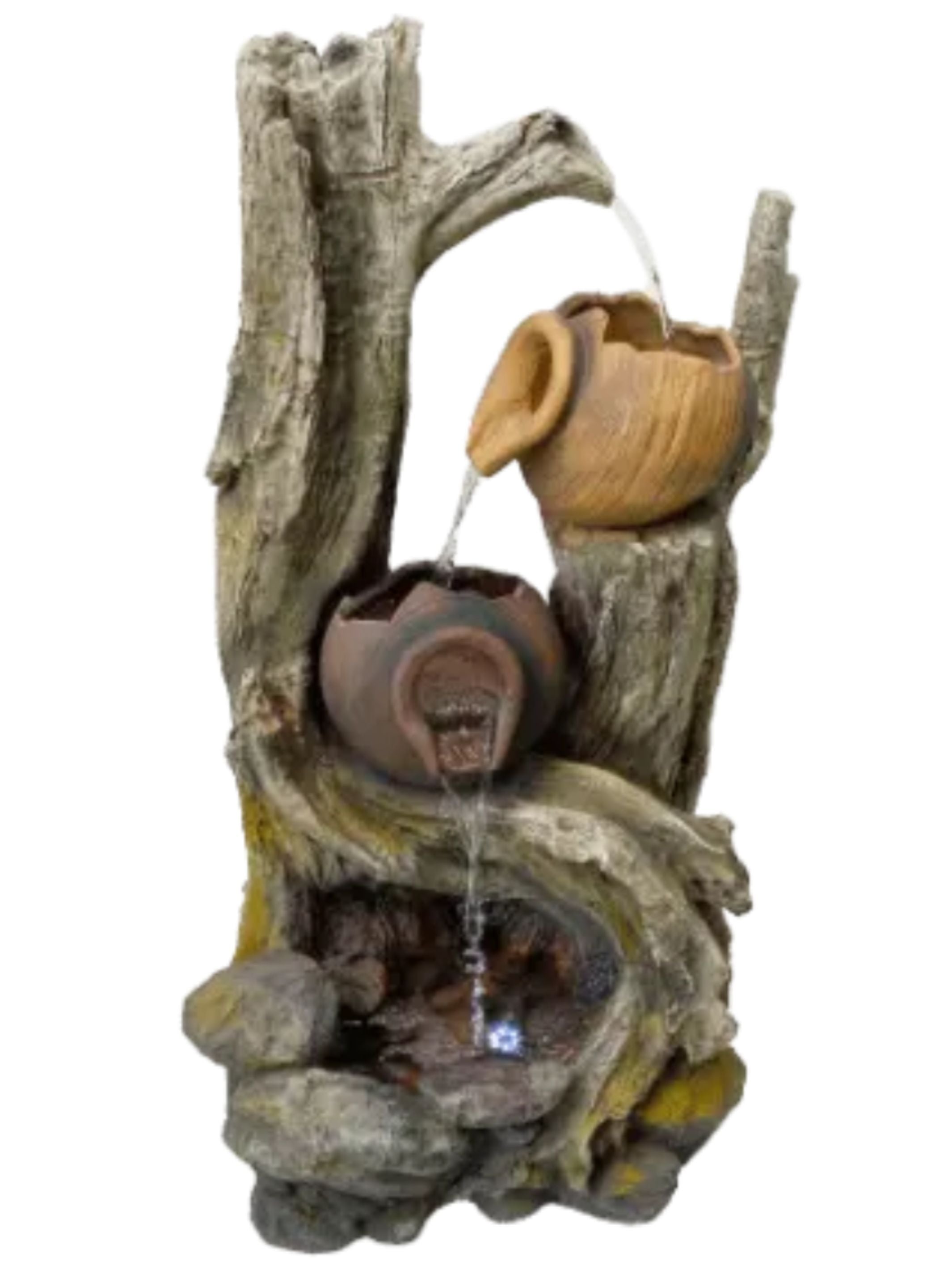 Dew- Cascading Pots LED Light Water Feature with Tree Log