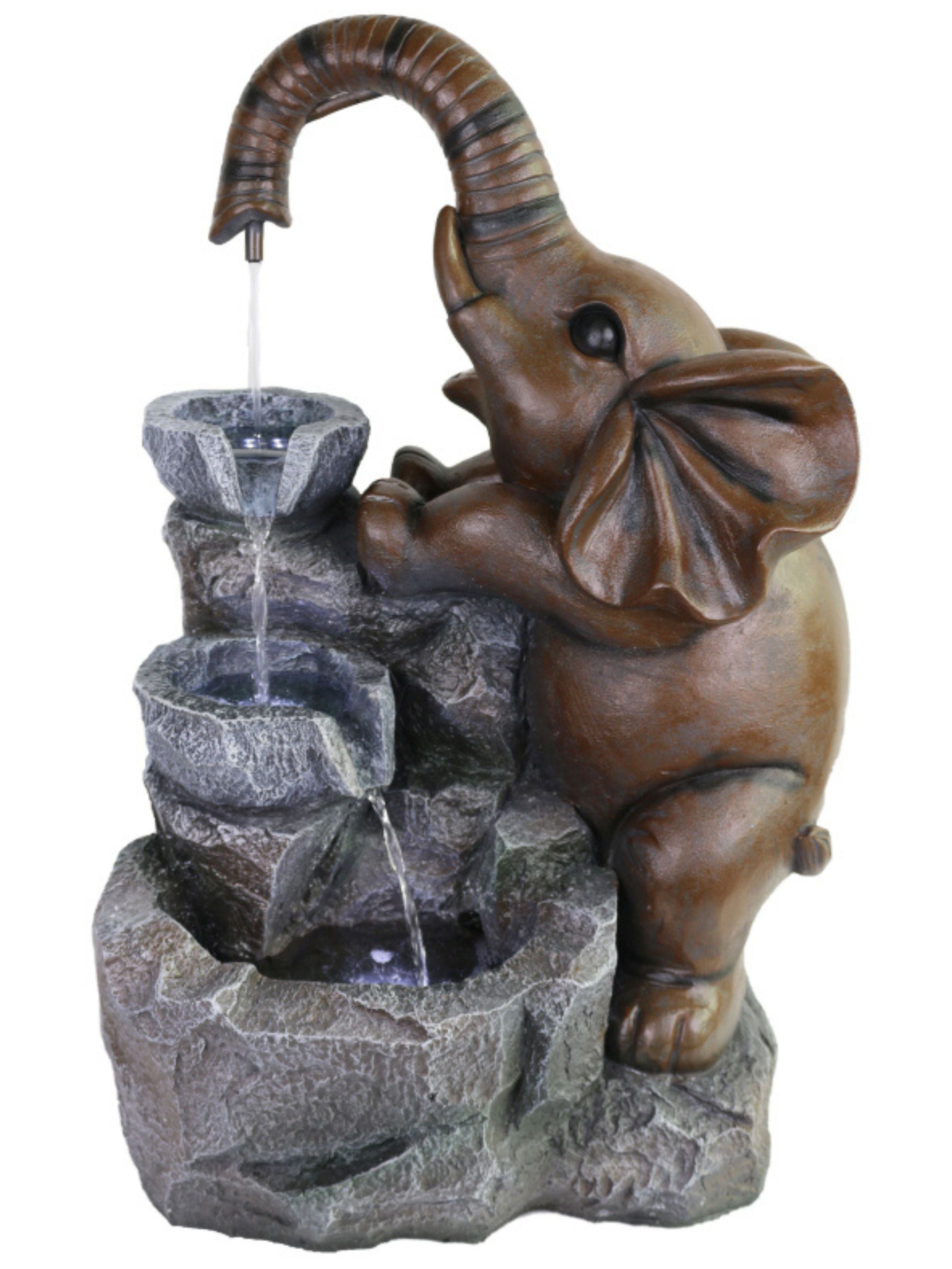 Elephant on Rocks & Bowls Tabletop LED Light Water Feature 56cm