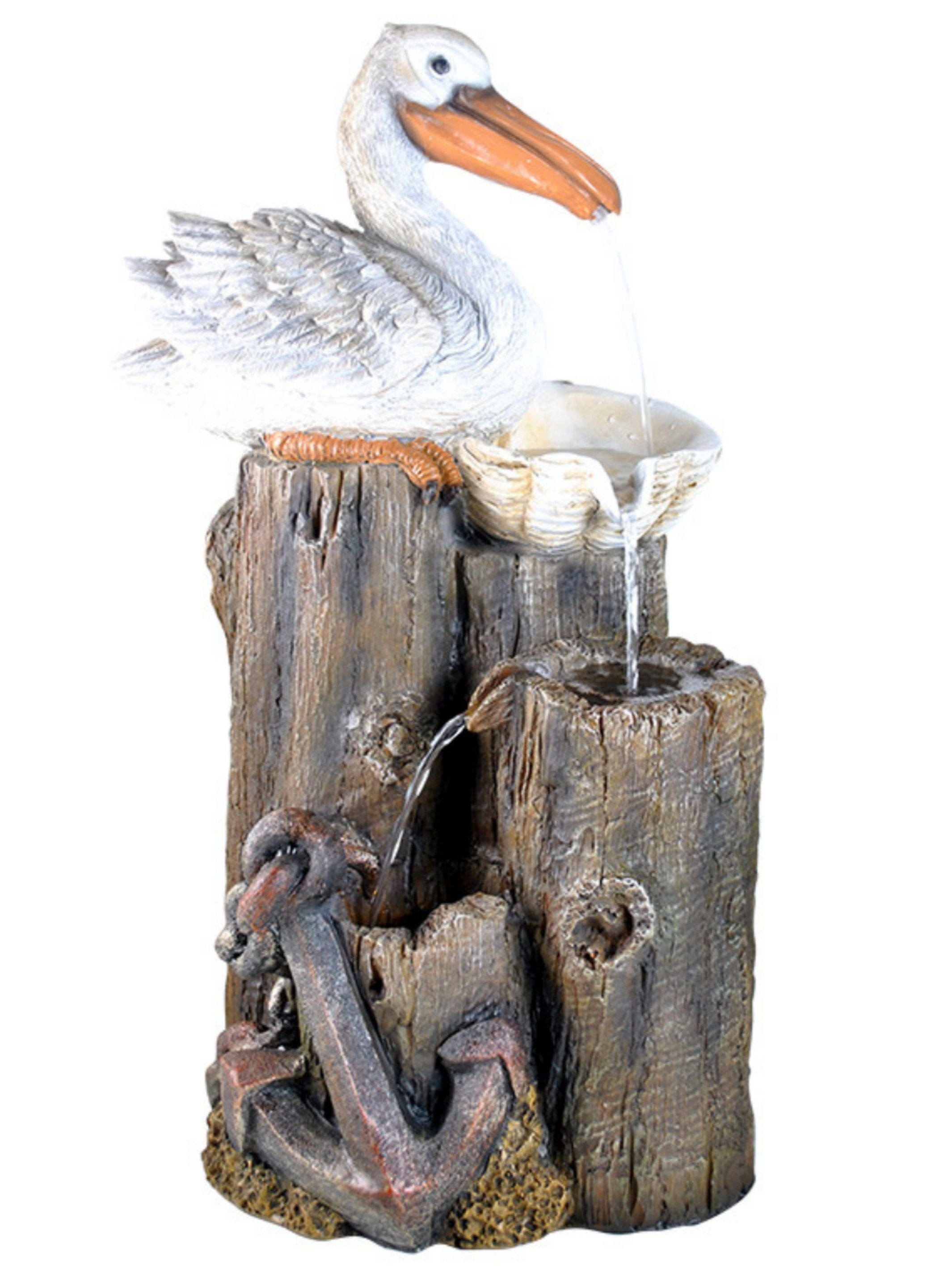 Pelican on Logs & Bowl LED Light Water Feature 57cm