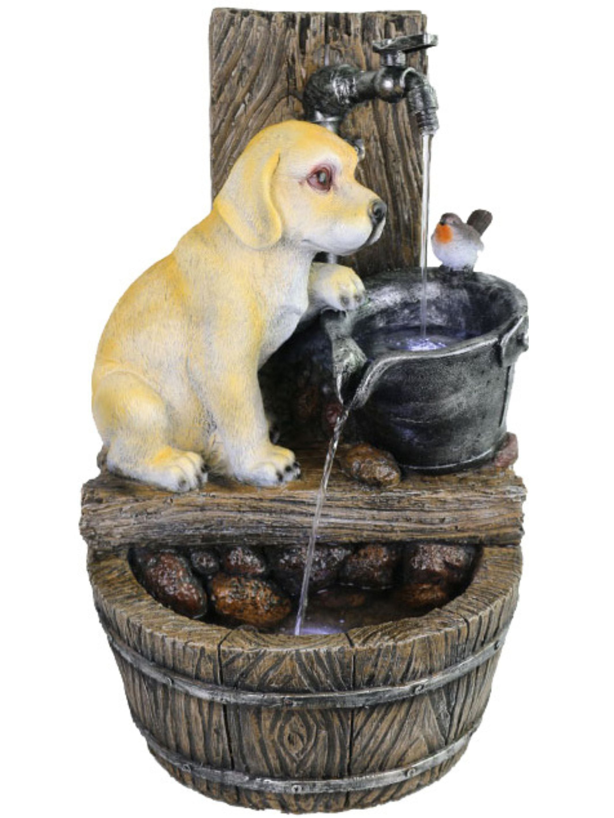 Puppy with Bird and Bowls on Wooden Log Water Feature 56cm