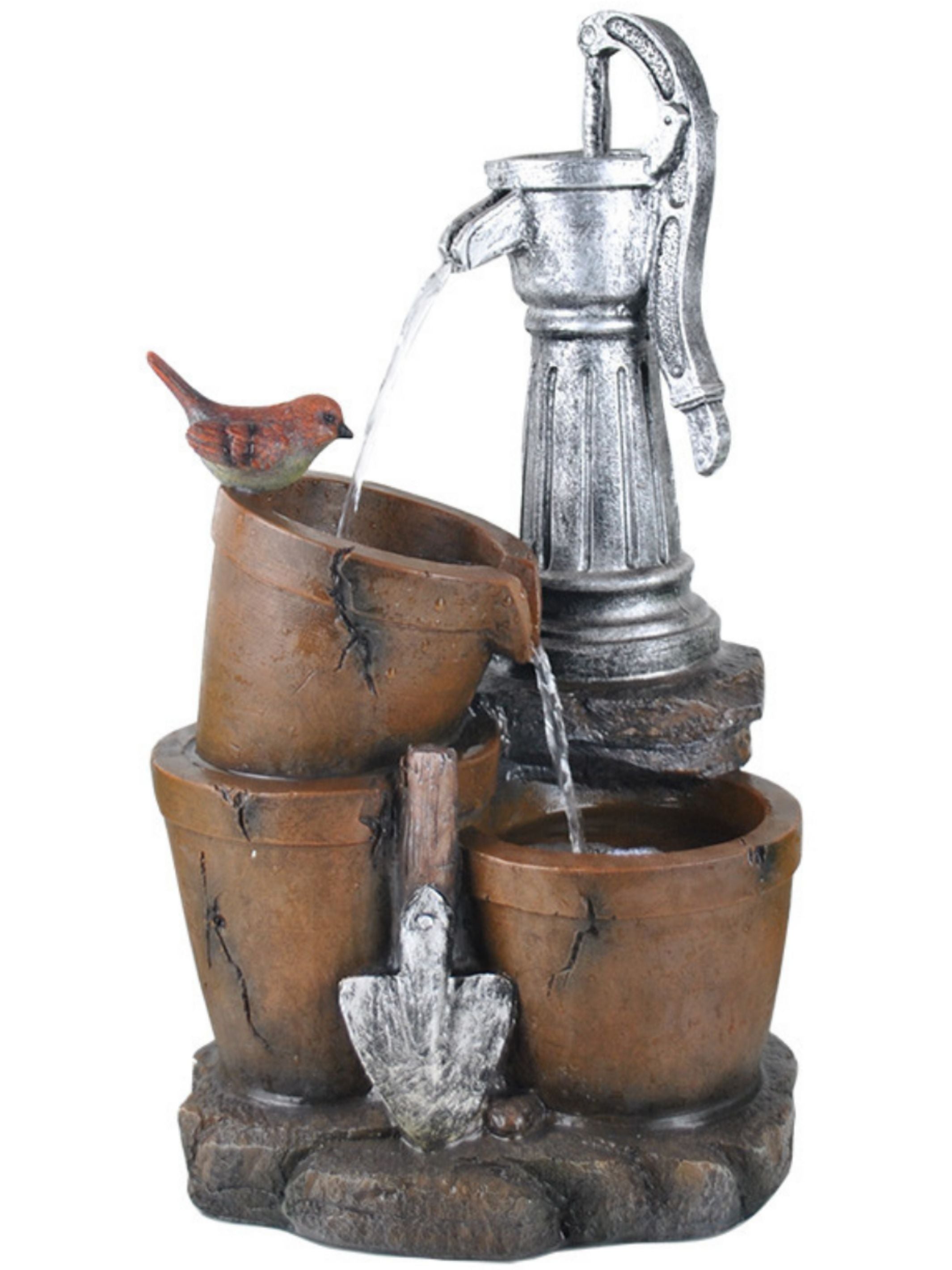 Hand Pump with Buckets & Bird LED Light Water Feature 54cm