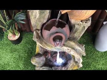 Dew- Cascading Pots LED Light Water Feature with Tree Log